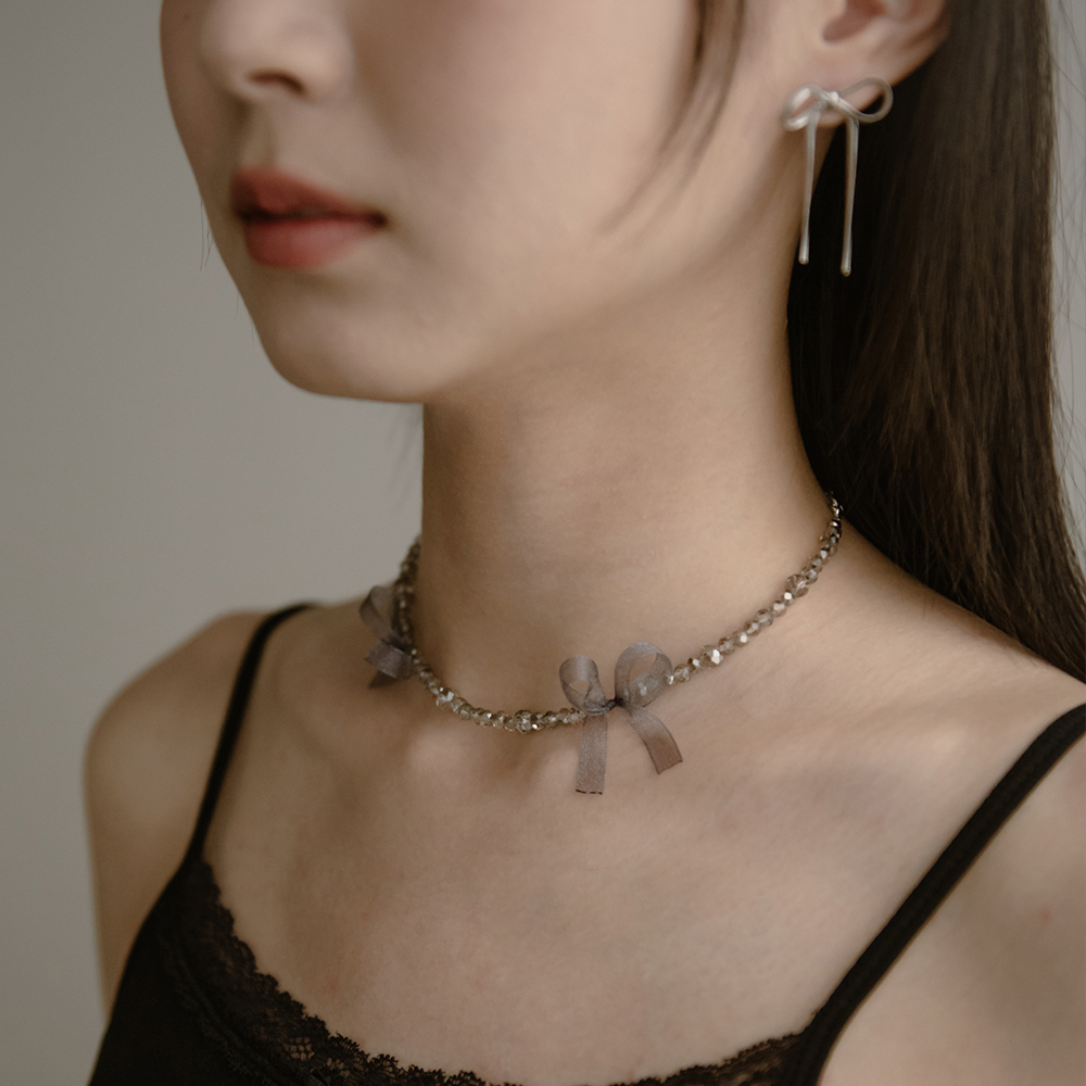 Leather Ribbon Crystal Shape Necklace Tricolor【07040364】in stock+pre-order