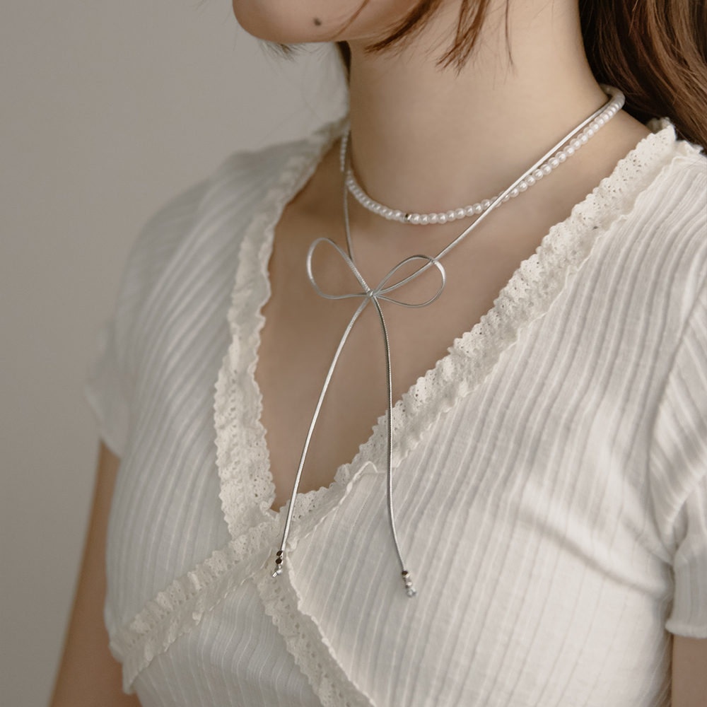 Pearl Leather Ribbon Double Layers Necklace【07040363】in stock+pre-order