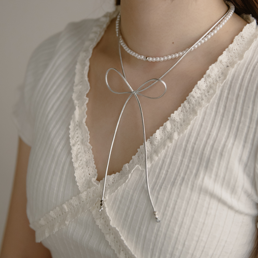 Pearl Leather Ribbon Double Layers Necklace【07040363】in stock+pre-order