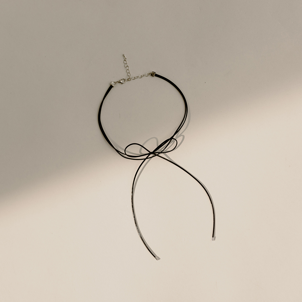 Leather Ribbon Bow Double Layers Necklace (2 colors)【07040362】in stock+pre-order