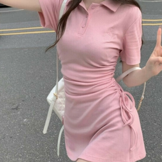熱賣polo領抽繩連衣裙【粉色】【S-L碼】(下單後請聯絡客服確認發貨尺碼)