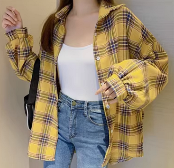 Retro Versatile Loose Plaid Shirt (Yellow Fine Check) (Size: One Size)