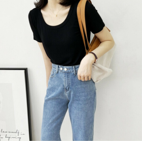 Round neck threaded cotton short sleeve T-shirt [black] [one size 80-130 lbs]