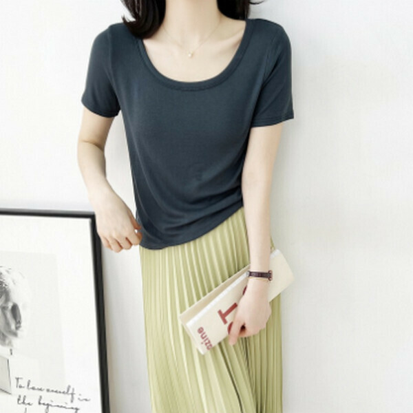 Round Neck Threaded Cotton Short Sleeve T-Shirt [Premium Gray] [One Size 80-130 lbs]
