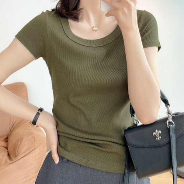 Round Neck Threaded Cotton Short Sleeve T-Shirt [Green Coffee] [One Size 80-130 lbs]