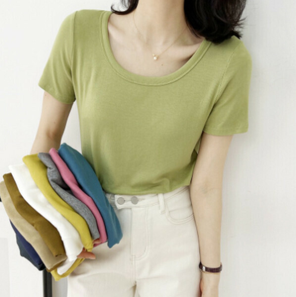 Round Neck Threaded Cotton Short Sleeve T-Shirt [Fruit Green] [One Size 80-130 lbs]