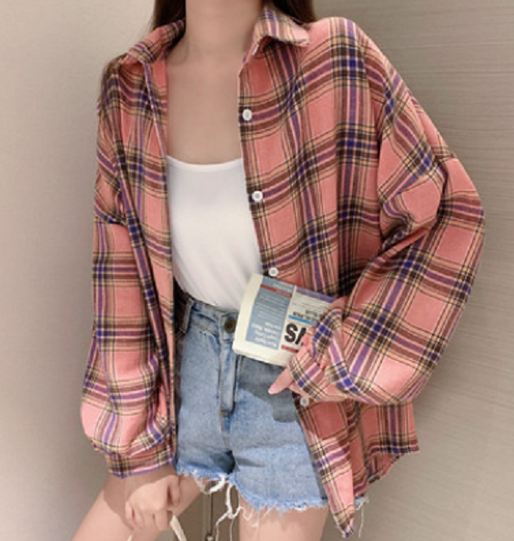 Retro Versatile Loose Plaid Shirt (Pink Fine Plaid Shirt) (Size: One Size)