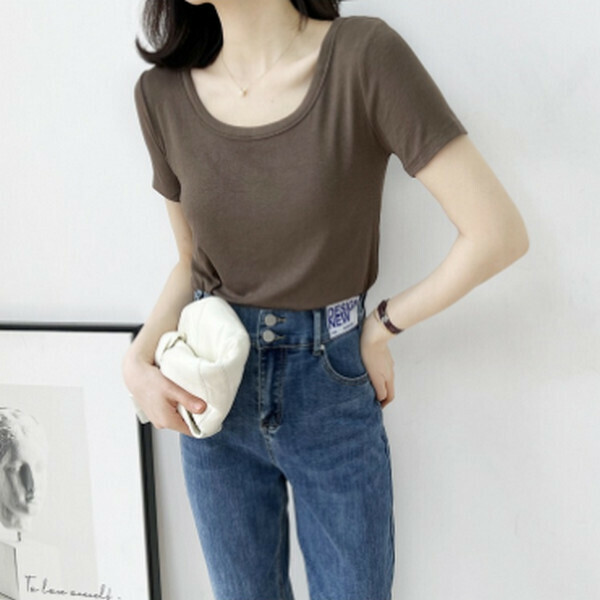 Round neck threaded cotton short sleeve T-shirt [coffee color] [80-130 pounds one size]