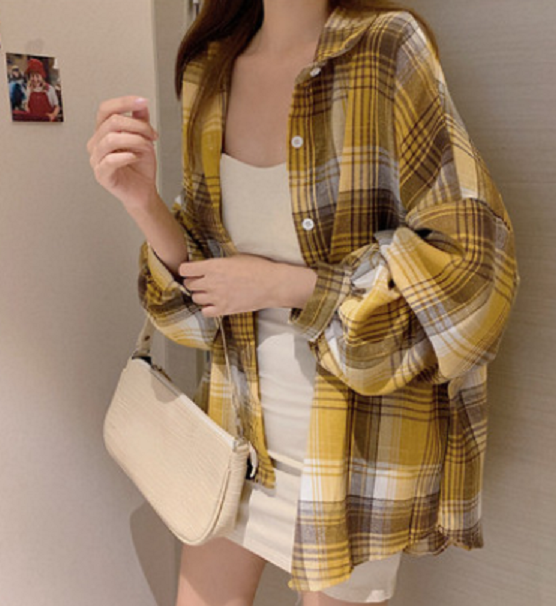 Retro Versatile Loose Plaid Shirt (Large Yellow Check) (Size: One Size)