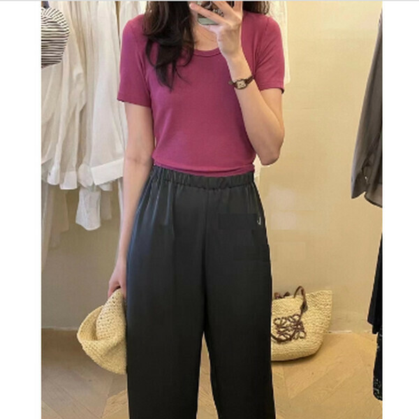 Round Neck Threaded Cotton Short Sleeve T-Shirt [Dragon Fruit Color] [One Size 80-130 lbs]