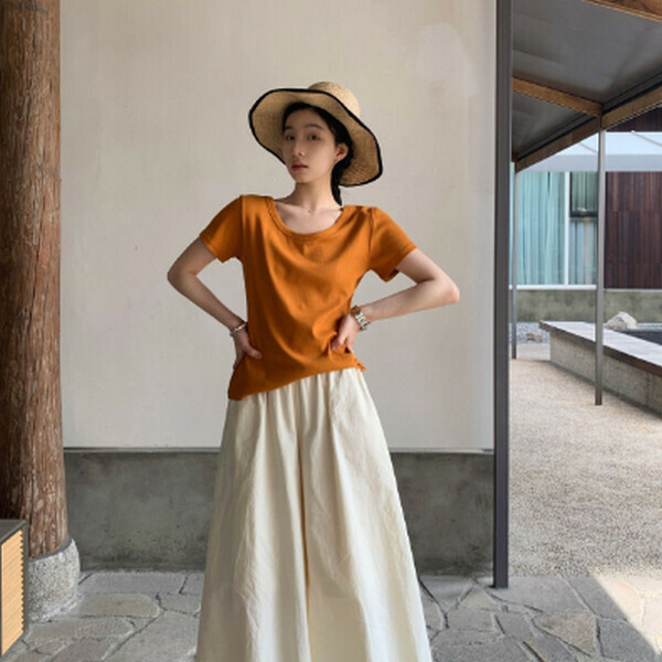 Crewneck threaded cotton short sleeve T-shirt [orange] [80-130 pounds one size]