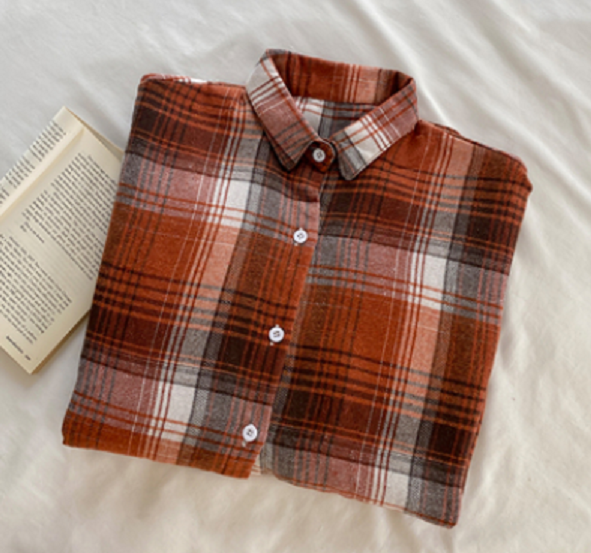 Retro Versatile Loose Plaid Shirt (Large Orange Check) (Size: One Size)