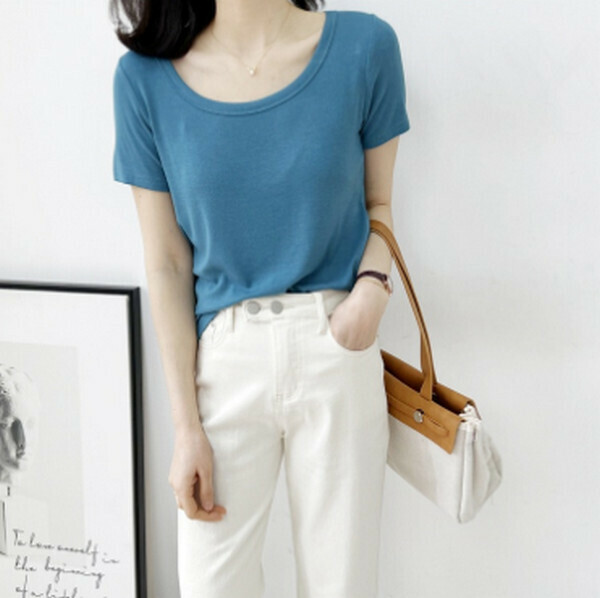 Round Neck Threaded Cotton Short Sleeve T-Shirt [Lake Blue] [One Size 80-130 lbs]