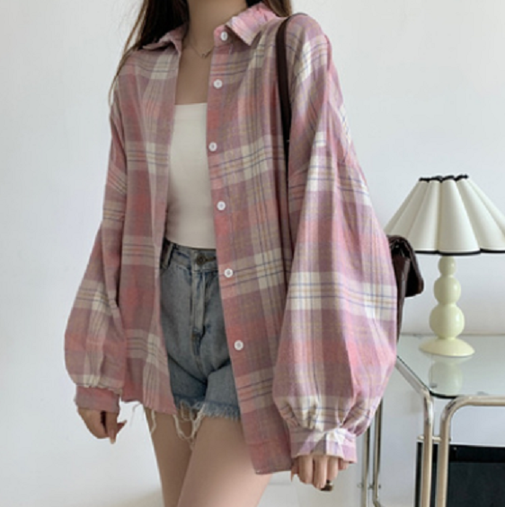 Retro Versatile Loose Plaid Shirt (Pink & White Plaid Shirt) (Size: One Size)
