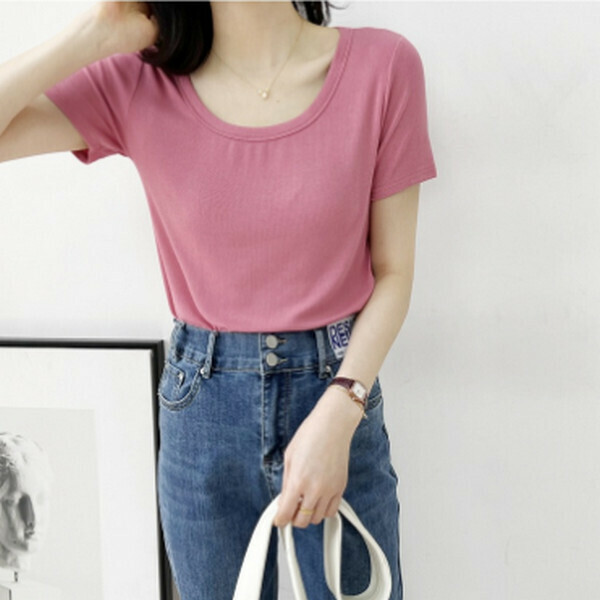 Crewneck threaded cotton short sleeve T-shirt [crayon powder] [80-130 pounds one size]