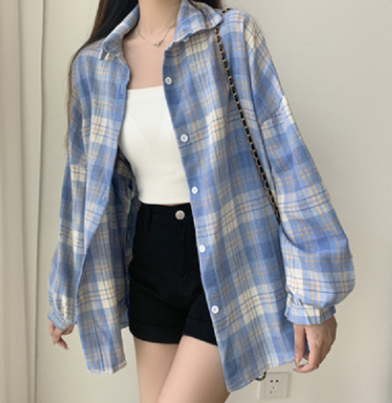 Retro Versatile Loose Plaid Shirt (Blue & White Plaid Shirt) (Size: One Size)