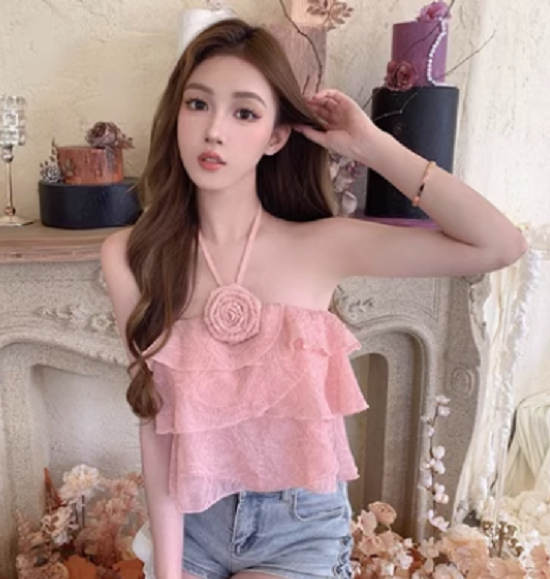 Halterneck Rose Exposed Vest (Pink) (Size: One Size)