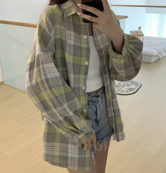 Retro Versatile Loose Plaid Shirt (Green & White Plaid Shirt) (Size: One Size)