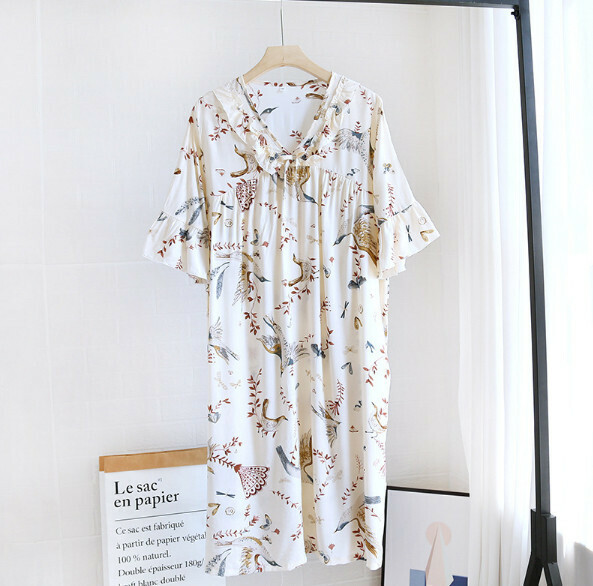 Summer cotton short-sleeved nightdress (ZHY national style bird) [M-L size] [Contact customer service to confirm the shipping size after placing an order]