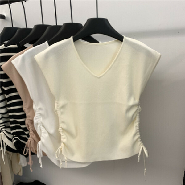 Double-sided drawstring V-neck striped short-sleeved ice linen knit T-shirt [apricot] [within 80-130 one size]