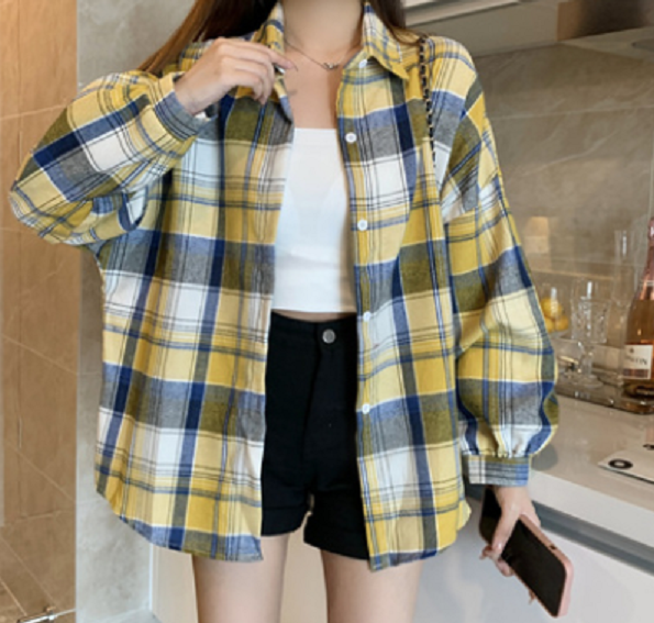 Retro Versatile Loose Plaid Shirt (Yellow & Blue) (Size: One Size)