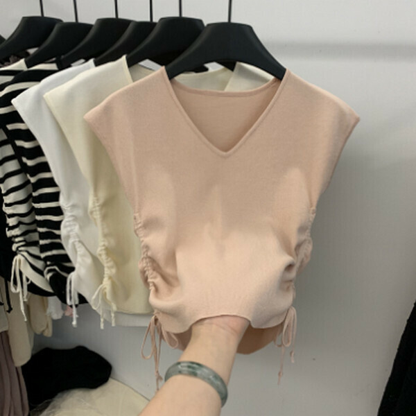 Double-sided drawstring V-neck striped short-sleeved ice linen knit T-shirt [pink] [within 80-130 one size]