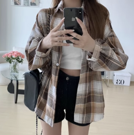 Retro Versatile Loose Plaid Shirt (Brown Plaid Size) (Size: One Size)