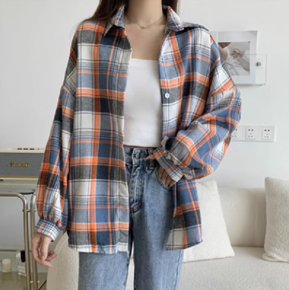 Retro Versatile Loose Plaid Shirt (Orange Plaid Shirt) (Size: One Size)