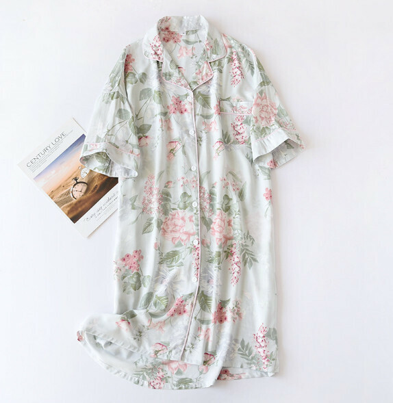 Summer cotton short-sleeved nightdress (LJH green flower) [M-L size] [Contact customer service to confirm the shipping size after placing an order]