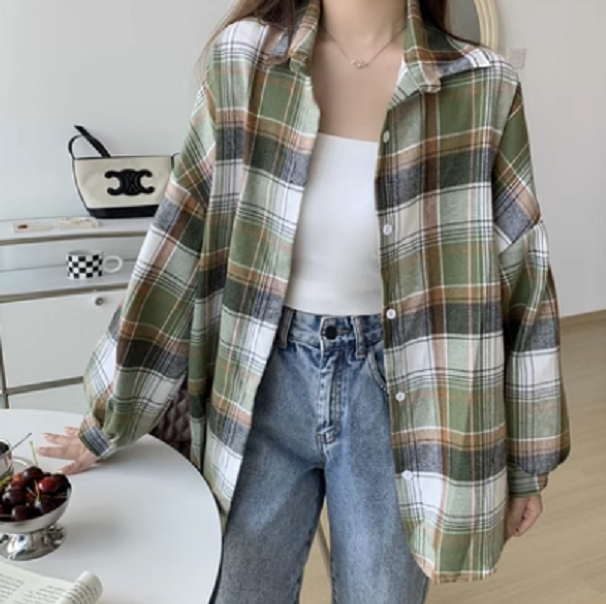 Retro Versatile Loose Plaid Shirt (Green Brown Plaid Shirt) (Size: One Size)