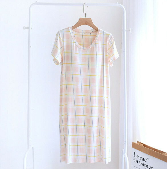 Summer Thin Modal Pajama with Chest Padded (LZQ Orange Pink Checkered) [M-XXL Size] [Contact Customer Service to Confirm Shipping Size after Placing an Order]