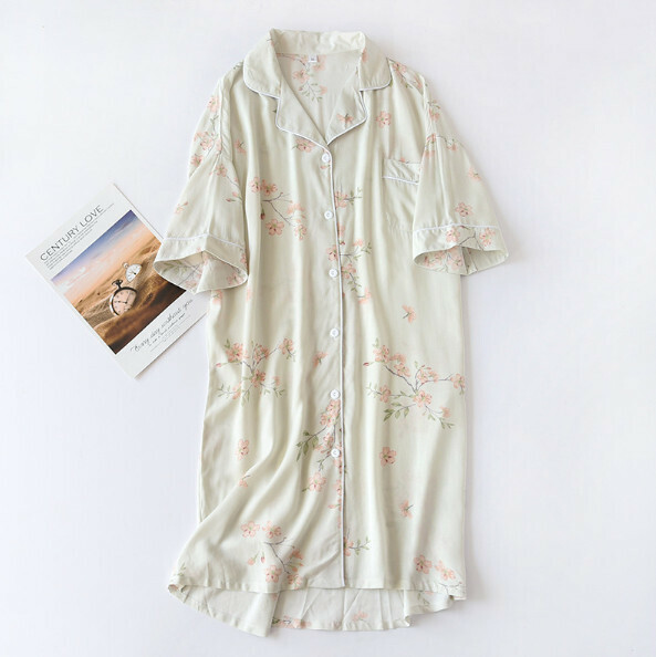 Summer cotton short-sleeved nightdress (LJH green plum blossom) [M-L size] [Contact customer service to confirm the shipping size after placing an order]
