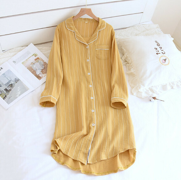 Spring and Summer Double Gauze Long Sleeve Nightdress (LYZ Yellow Wide Stripes) [M-XL Size] [Contact Customer Service to Confirm Shipping Size after Placing an Order]