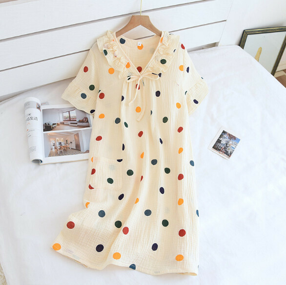 Summer Crepe Short Sleeve Nightdress (LJH Yellow Colorful Dots) [M-XL Size] [Contact Customer Service to Confirm Shipping Size after Placing an Order]