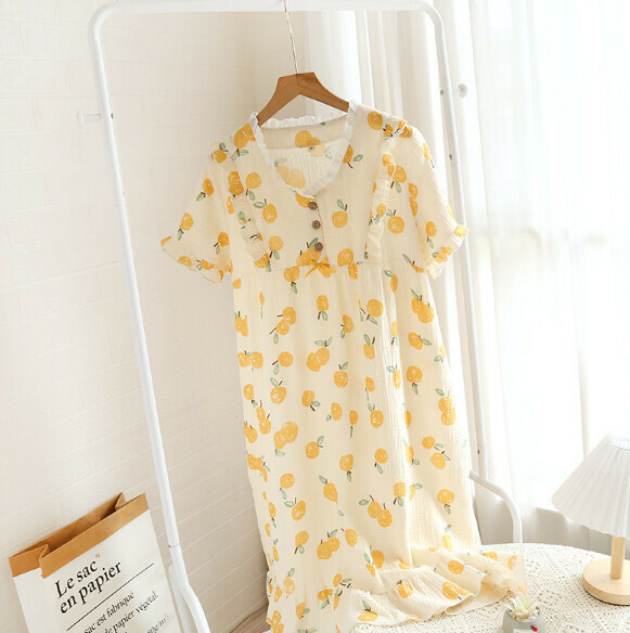 Summer Crepe Short Sleeve Nightdress (LJH Beige Lemon) [M-XL Size] [Contact Customer Service to Confirm Shipping Size after Placing an Order]