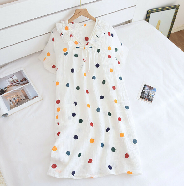 Summer Crepe Short Sleeve Nightdress (LJH White Colorful Dots) [M-XL Size] [Contact Customer Service to Confirm Shipping Size After Placing an Order]