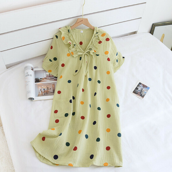 Summer Crepe Short Sleeve Nightdress (LJH Green Colorful Dots) [M-XL Size] [Contact Customer Service to Confirm Shipping Size After Placing an Order]