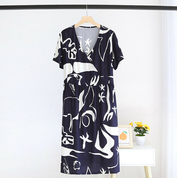 Summer V-neck cotton floral short-sleeved nightdress (HMM abstract pie) [M-L size] [Contact customer service to confirm the shipping size after placing an order]