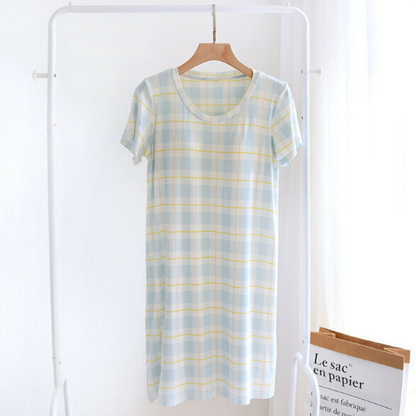 Summer Thin Modal Pajama with Chest Padded (LZQ Light Blue Checkered) [M-XXL Size] [Contact Customer Service to Confirm Shipping Size After Placing an Order]