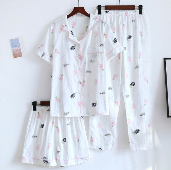 Summer short-sleeved trousers short cotton yarn pajamas three-piece set (ZHY white background small pineapple) [M-XL size] [Contact customer service to confirm the shipping size after placing an order]