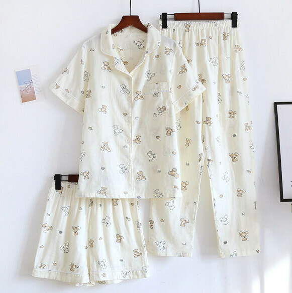 Summer short-sleeved trousers short cotton gauze pajamas three-piece set (ZHY beige bear) [M-XL size] [Contact customer service to confirm the shipping size after placing an order]