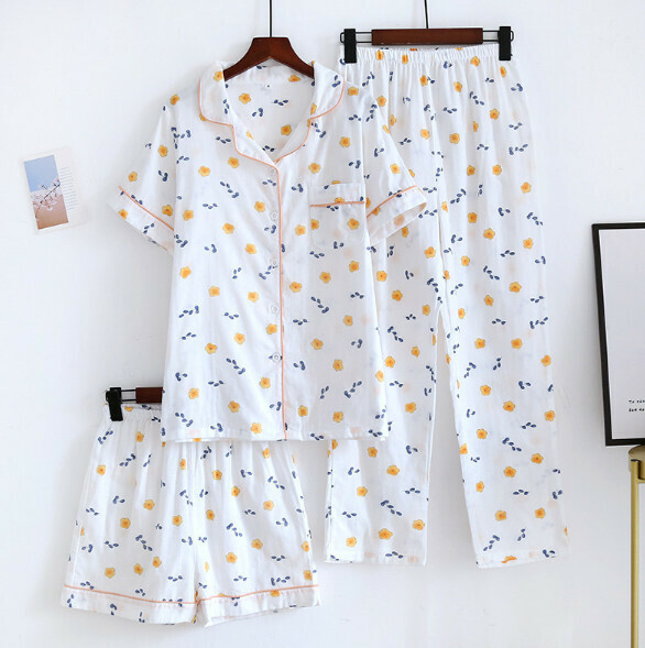 Summer short-sleeved trousers short cotton yarn pajamas three-piece set (ZHY pastoral flowers) [M-XL size] [Contact customer service to confirm the shipping size after placing an order]