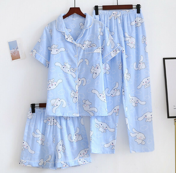 Summer short-sleeved trousers short cotton yarn pajamas three-piece set (ZHY blue big eared dog) [M-XL size] [Contact customer service to confirm the shipping size after placing an order]