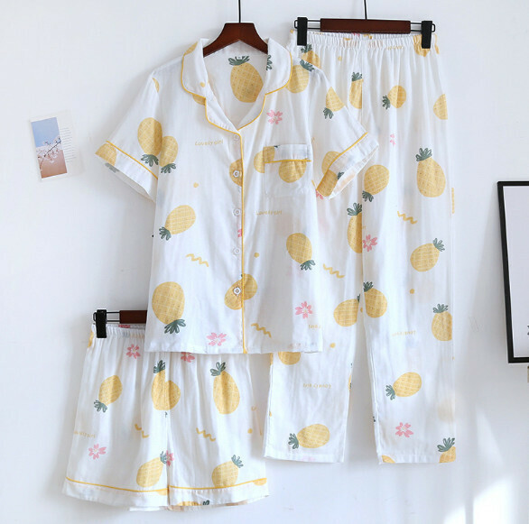 Summer short-sleeved trousers short cotton yarn pajamas three-piece set (ZHY white background large pineapple) [M-XL size] [Contact customer service to confirm the delivery size after placing an order]