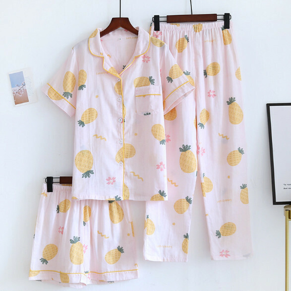 Summer short-sleeved trousers short cotton yarn pajamas three-piece set (ZHY foundation big pineapple) [M-XL size] [Contact customer service to confirm the shipping size after placing an order]