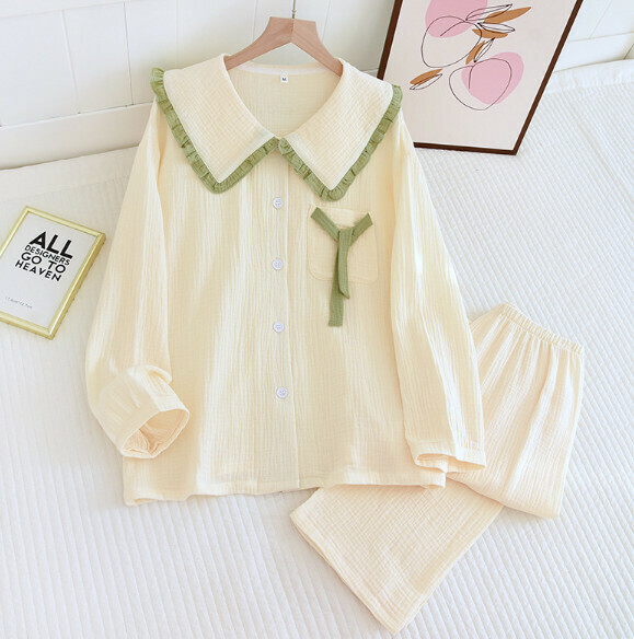 Spring and Autumn Cotton Yarn Double Crepe Crepe Doll Collar Pajama Set (HMM Off-White) [M-XL Size] [Contact Customer Service to Confirm Shipping Size After Placing an Order]