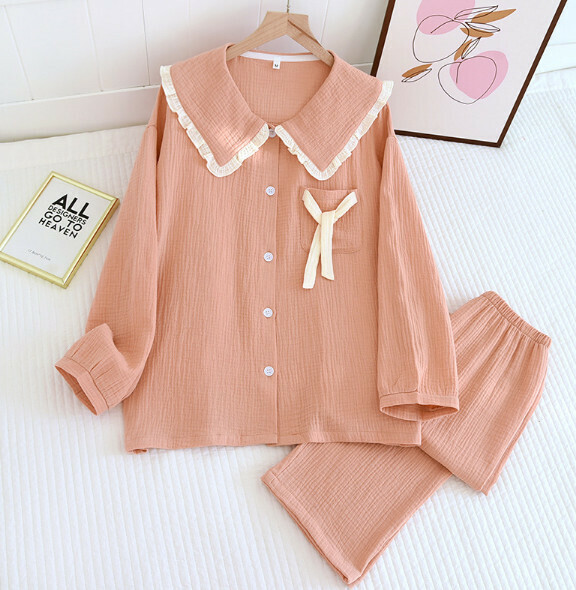 Spring and Autumn Cotton Yarn Double Crepe Crepe Ragdoll Collar Pajama Set (HMM Orange) [M-XL Size] [Contact Customer Service to Confirm Shipping Size after Placing an Order]