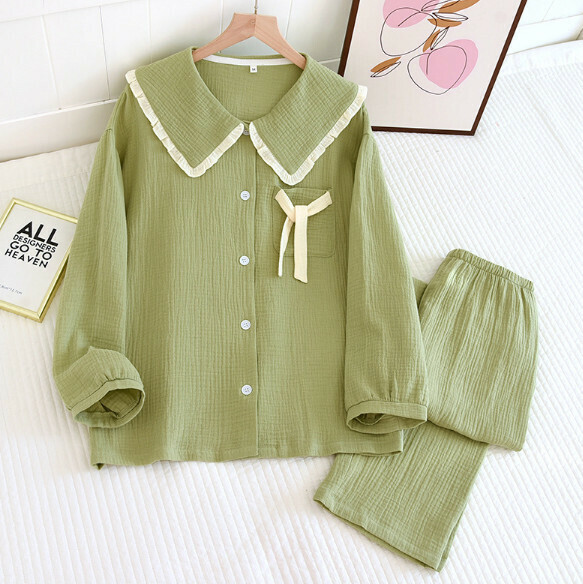 Spring and Autumn Cotton Yarn Double Crepe Crepe Doll Doll Collar Pajama Set (HMM Green) [M-XL Size] [Contact Customer Service to Confirm Shipping Size After Placing an Order]