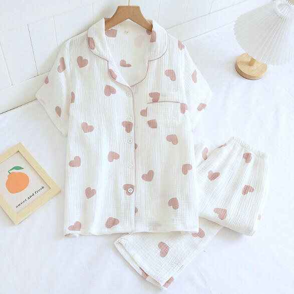 Spring and Summer Crepe Love Short Sleeve Long Pants Pajama Set (SXL White Background Purple Heart) [M-XL Size] [Contact Customer Service to Confirm Shipping Size After Placing an Order]
