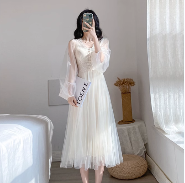 Mesh Dress 2-Piece Set (White) (S-XL) (Contact Customer Service to Confirm Shipping Size after Ordering)